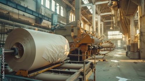 Paper mill machines process wood pulp into paper rolls for different applications. Concept Paper mill machines, Wood pulp production, Paper roll applications, Manufacturing process.