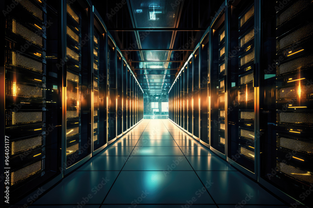 Fototapeta premium Futuristic Data Center Corridor with Advanced Servers