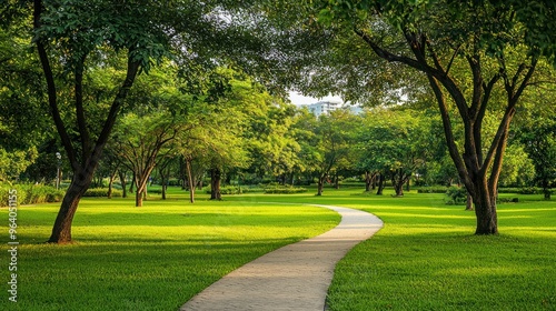 A wide open park with green lawns and walking paths