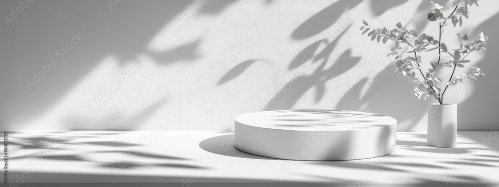 Minimalist abstract scene featuring geometric shapes A cylindrical podium set against a white backdrop casting floral shadows Ideal for showcasing cosmetic products 3D rendering Minimalist abstract scene featuring geometric shapes A cylindrical podium set against a white backdrop casting floral shadows Ideal for showcasing cosmetic products 3D rendering