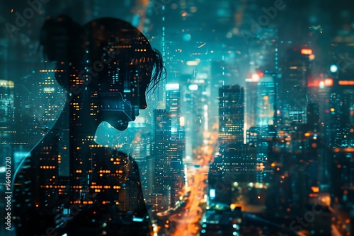 Double exposure of beautiful woman face and city at night. Double exposure