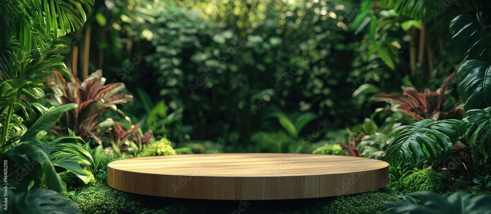 Wooden podium set in a lush forest environment for product showcasing with a vibrant green backdrop 3D rendering Wooden podium set in a lush forest environment for product showcasing with a vibrant green backdrop 3D rendering
