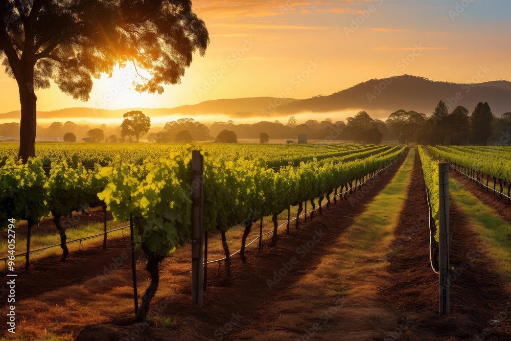 Fototapeta premium Sunrise Over Lush Vineyard Rows in Countryside