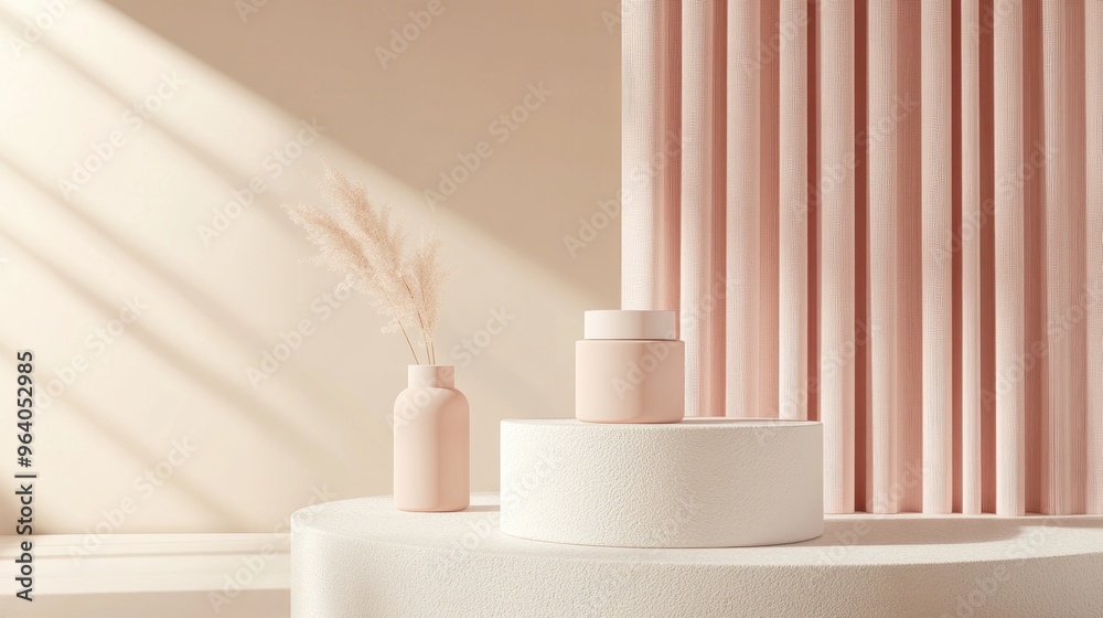 Product display podium Present items on neutral stands with a soft textured backdrop Perfect for beauty products jewelry and high end goods Gentle lighting and minimalistic 3D design Product display podium Present items on neutral stands with a soft textured backdrop Perfect for beauty products jewelry and high end goods Gentle lighting and minimalistic 3D design
