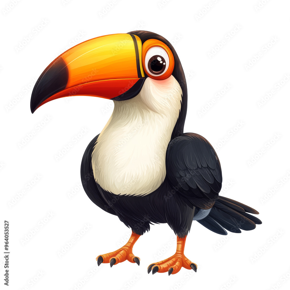 Naklejka premium Colorful cartoon toucan standing on its feet, cut out transparent