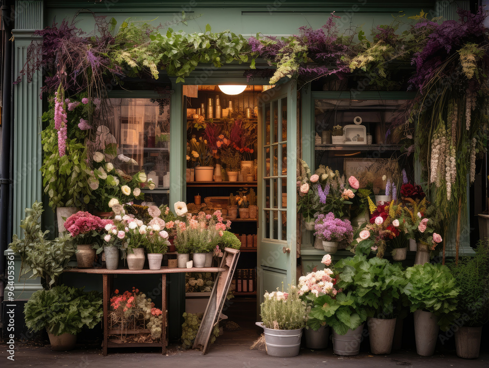 Fototapeta premium Enchanting Floral Boutique Display on a Cozy Street