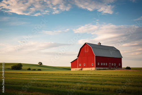 Serene Red Barn in Lush Green Field at Sunset