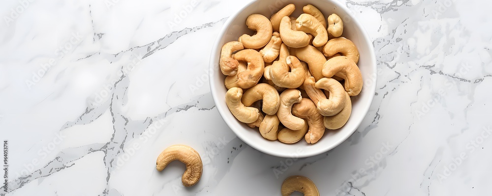 Cashew Nuts in a White Bowl on a Marble Surface Cashew Nuts in a White Bowl on a Marble Surface