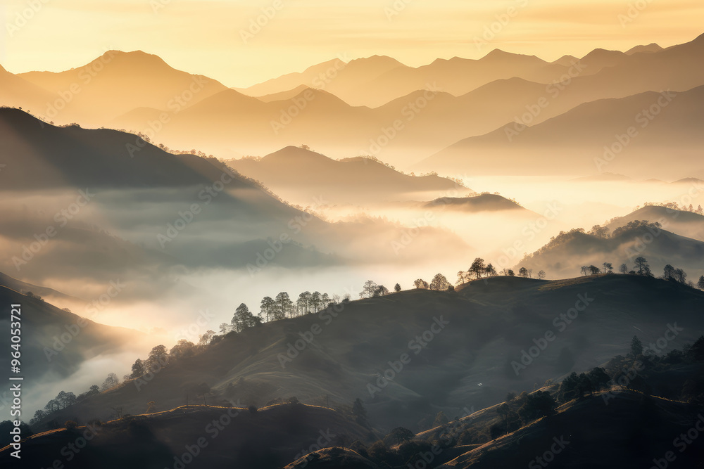 Fototapeta premium Misty Mountain Layers at Golden Sunrise