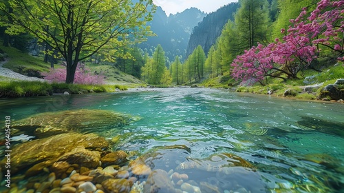 Fresh of a river, with blooming flowers, green trees, and clear waters, high definition, high resolution. Generative AI.