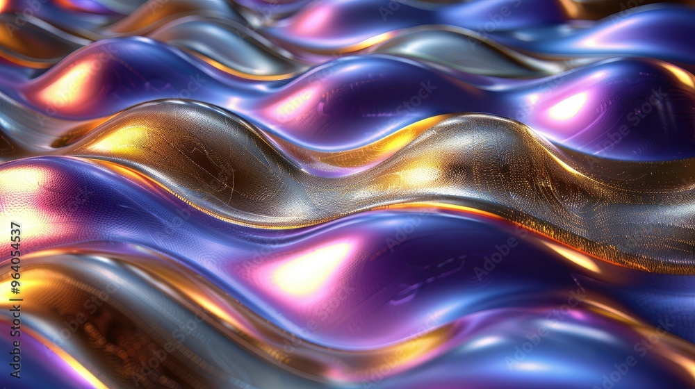 Fototapeta premium Wavy silk Golden and Purple Metallic texture 3D Background design liquid swirl flow