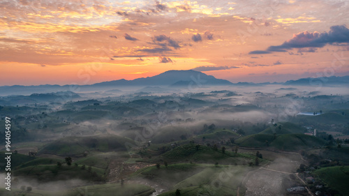 Beautiful aerial view of Long Coc tea hills. Long Coc in Phu Tho Province, Vietnam