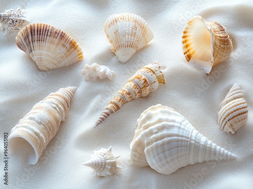 seashells and pebbles on white sand