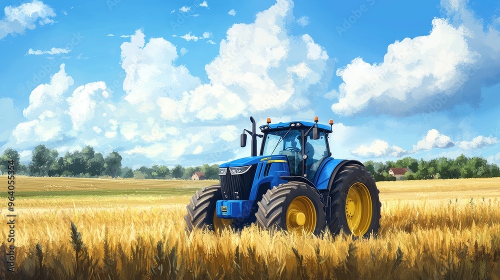 Blue tractor driving through a vast field of tall grass, surrounded by a realistic background of nature and farmland