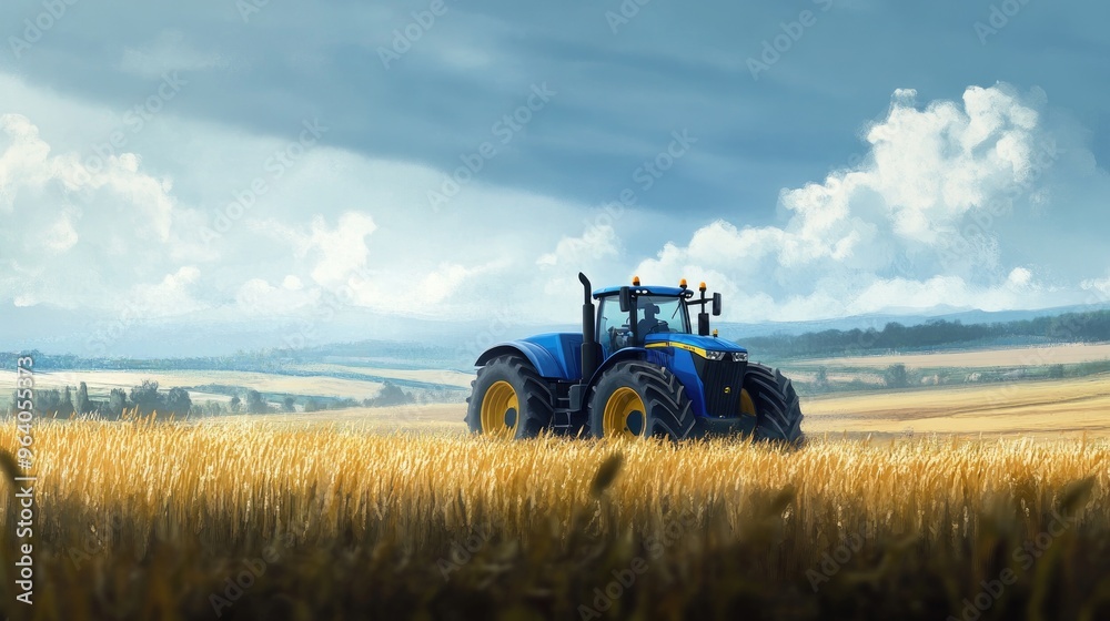 Blue tractor driving through a vast field of tall grass, surrounded by a realistic background of nature and farmland Blue tractor driving through a vast field of tall grass, surrounded by a realistic background of nature and farmland