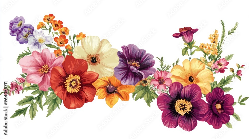 Dynamic floral corner illustration with a variety of colorful flowers, set on a white background, perfect for elegant design accents Dynamic floral corner illustration with a variety of colorful flowers, set on a white background, perfect for elegant design accents