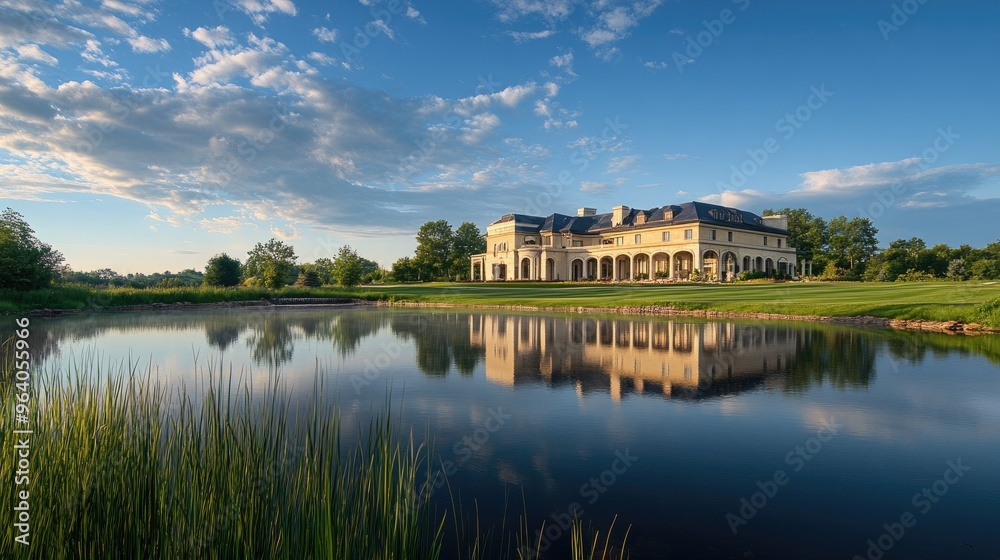 Elegant large building reflecting on a calm body of water, with a beautifully realistic backdrop of natural greenery and sky Elegant large building reflecting on a calm body of water, with a beautifully realistic backdrop of natural greenery and sky