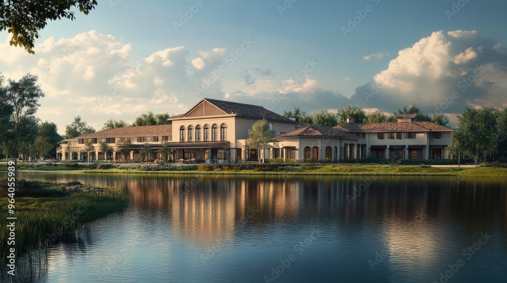 Elegant large building by a peaceful body of water, reflecting on the surface, with a beautifully realistic natural background Elegant large building by a peaceful body of water, reflecting on the surface, with a beautifully realistic natural background