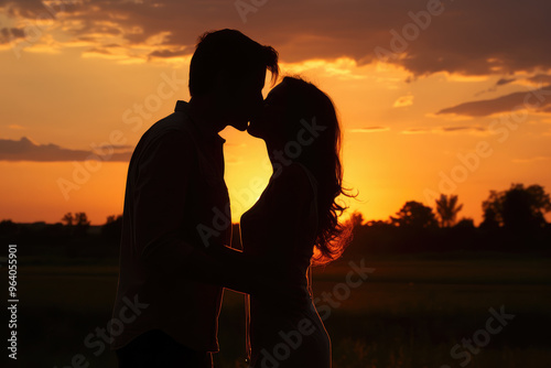 Romantic Silhouette of Couple Kissing at Sunset