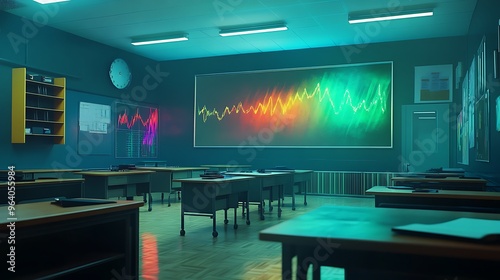 A futuristic physics classroom with interactive holograms demonstrating electromagnetic waves