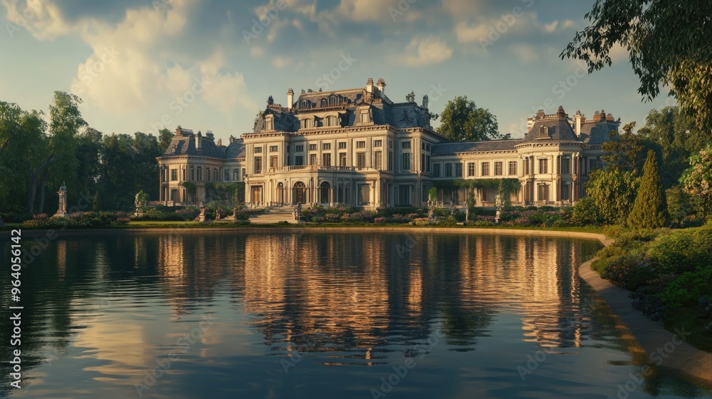 Large, elegant building reflecting on a calm body of water, with a realistic background, creating a peaceful and majestic scene Large, elegant building reflecting on a calm body of water, with a realistic background, creating a peaceful and majestic scene