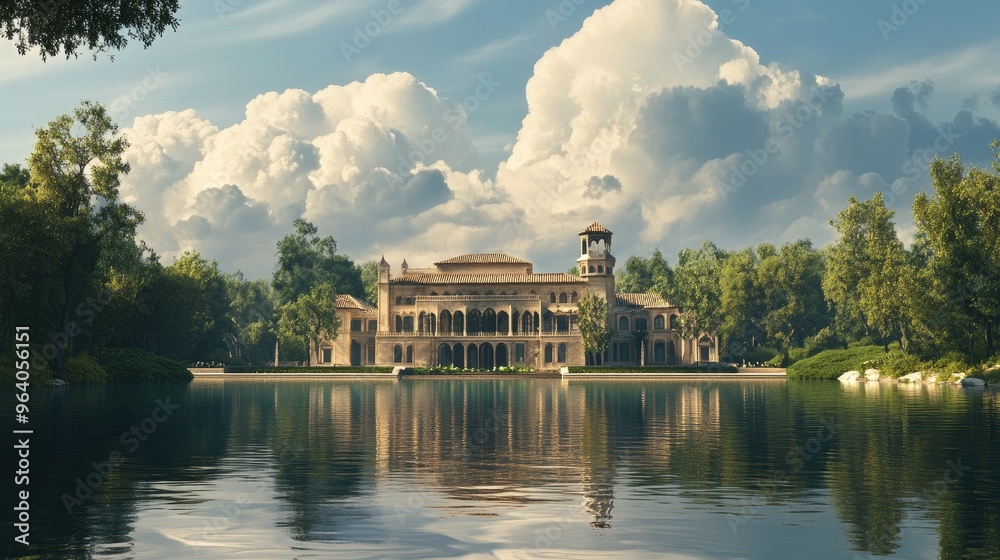 Obraz premium Large, elegant building reflecting on a peaceful body of water, with a lush and realistic background of trees and clouds