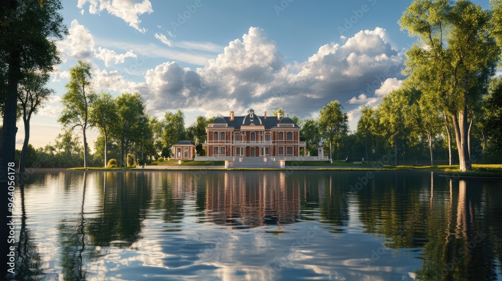 Obraz premium Large, elegant building reflecting on a peaceful body of water, with a lush and realistic background of trees and clouds