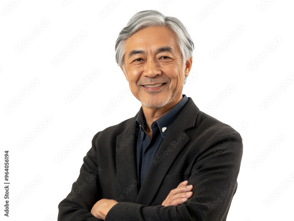 Senior man smiling confidently in a studio setting, cut out transparent
