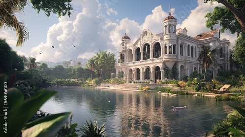 Grand architectural building beside a still body of water, surrounded by lush greenery and a realistic sky-filled backdrop