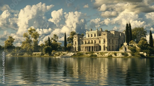 Large, elegant building sitting beside a body of water, with a lifelike background of trees, clouds, and natural beauty