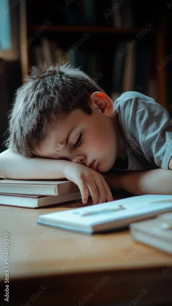 A tired and sleepy boy resting his head on books at a table, vertical footage A tired and sleepy boy resting his head on books at a table, vertical footage
