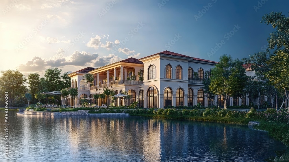 Majestic building with elegant design sitting next to a shimmering body of water, captured with a realistic background of trees and sky Majestic building with elegant design sitting next to a shimmering body of water, captured with a realistic background of trees and sky