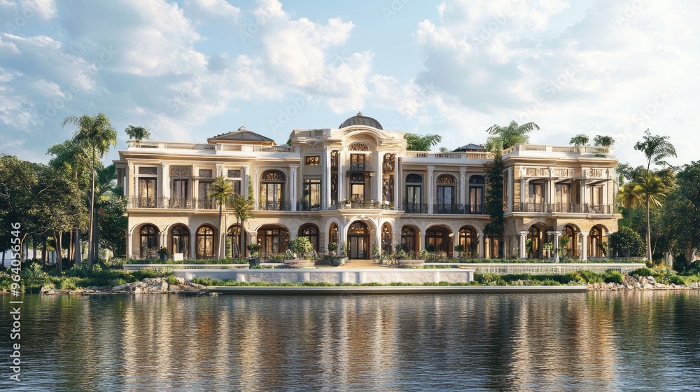 Stunning large building beside a body of water, with elegant architecture and a realistic natural background, exuding tranquility Stunning large building beside a body of water, with elegant architecture and a realistic natural background, exuding tranquility