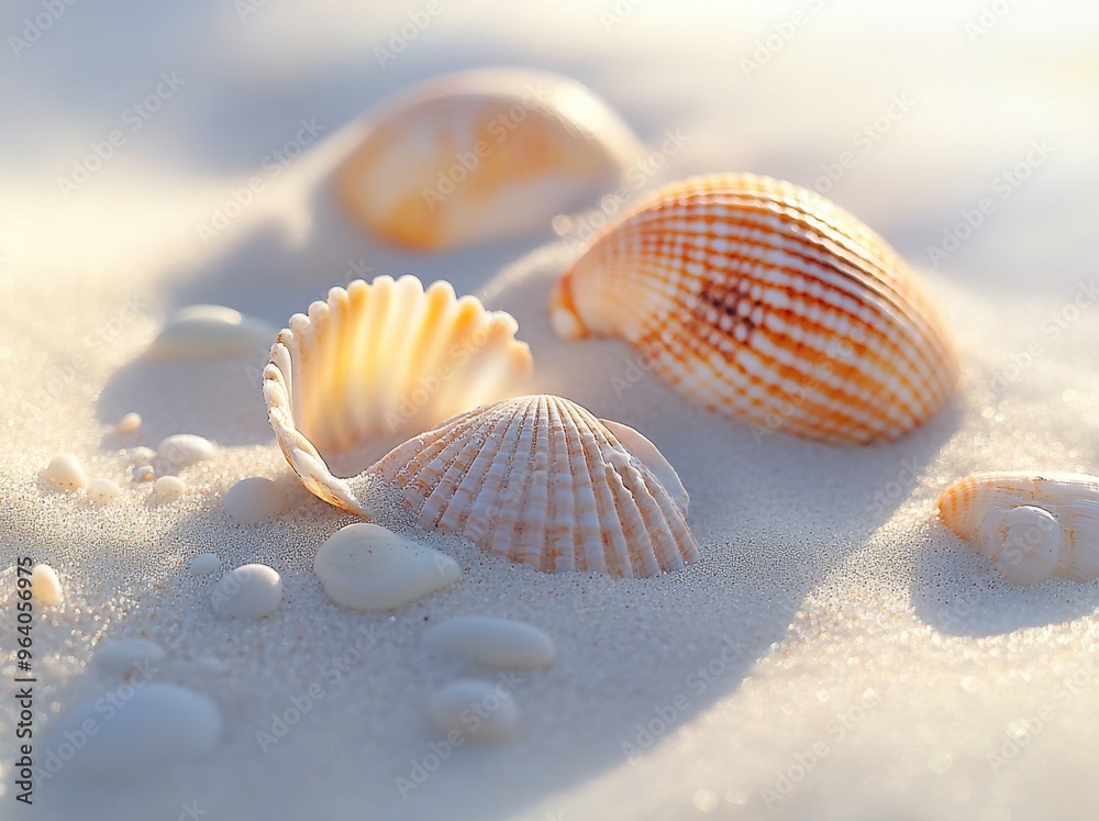 seashells and pebbles on white sand