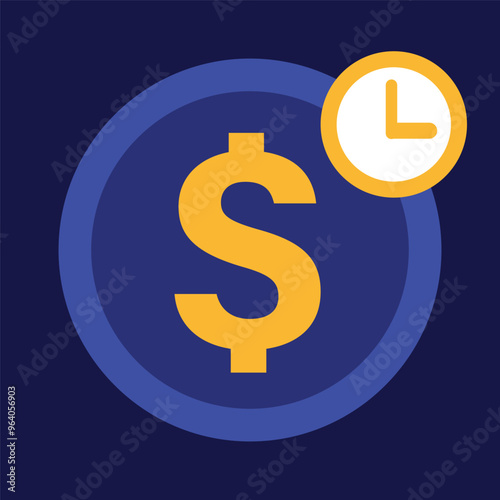 Investment concept vector banner design with dollar sign coin and clock on a square blue background.