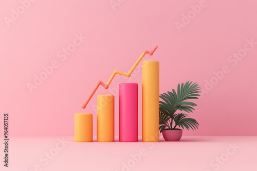 A 3D rendering of a pink, orange, and yellow bar graph with an orange arrow pointing up, and a green plant in the right corner against a pink background. photo