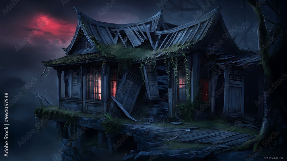 A photograph of an ancient Thai haunted house situated on the edge of a dense forest. The house, covered in moss, stands tall and eerie, its wooden structure worn and weathered. A photograph of an ancient Thai haunted house situated on the edge of a dense forest. The house, covered in moss, stands tall and eerie, its wooden structure worn and weathered.