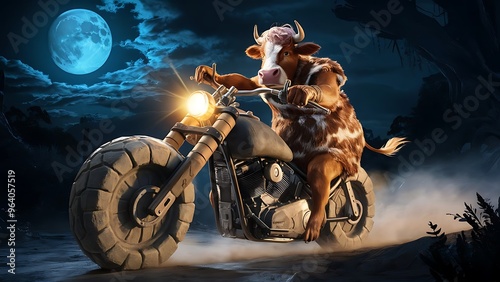 A cow riding a motorcycle under a full moon. The cow is dressed in biker gear, complete with a leather jacket and is steering the motorcycle with determination. photo