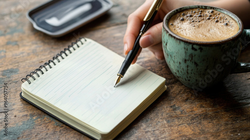 A hand holding a pen, writing in a notebook with a cup of coffee beside it on a wooden desk.