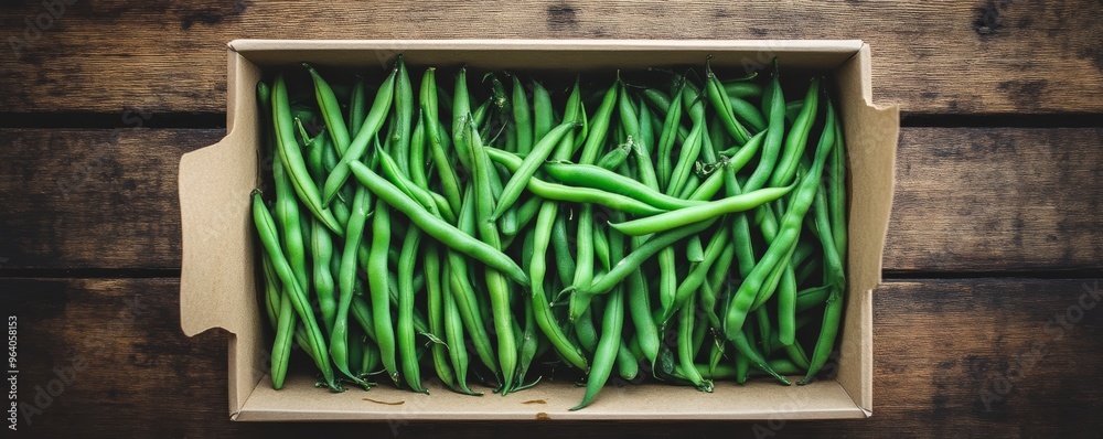 Obraz premium Fresh green beans in a cardboard box