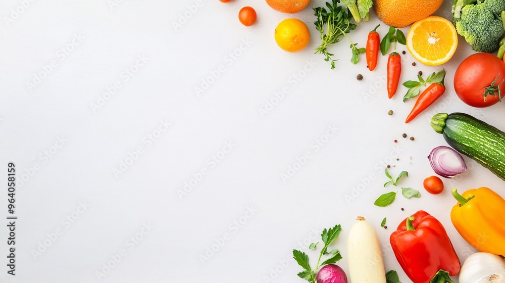 A white background with a variety of vegetables including carrots, broccoli A white background with a variety of vegetables including carrots, broccoli