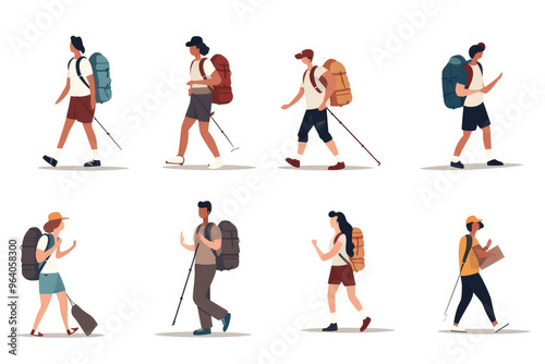 Diverse Hikers on Adventure Trek Vector Illustration Set