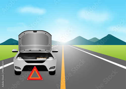 Car Breakdown with Open Hood on the Road. Broken Car. Vector Illustration. 