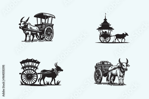 Bullock cart vector silhouette art.