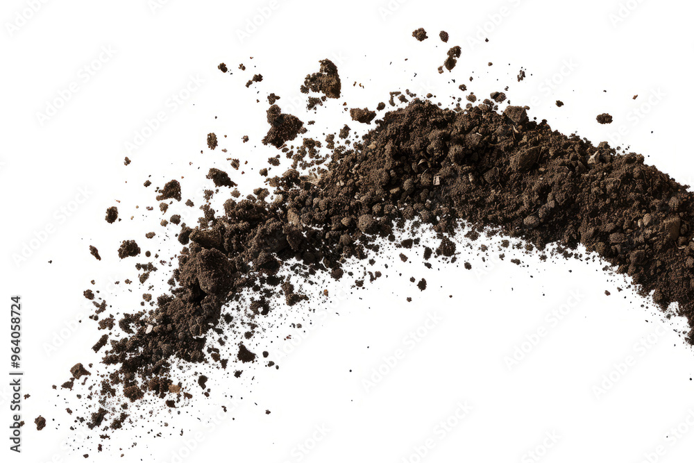 flying and scattered soil dirt in the air, isolated on a clean white background, flying and scattered soil dirt in the air, isolated on a clean white background,