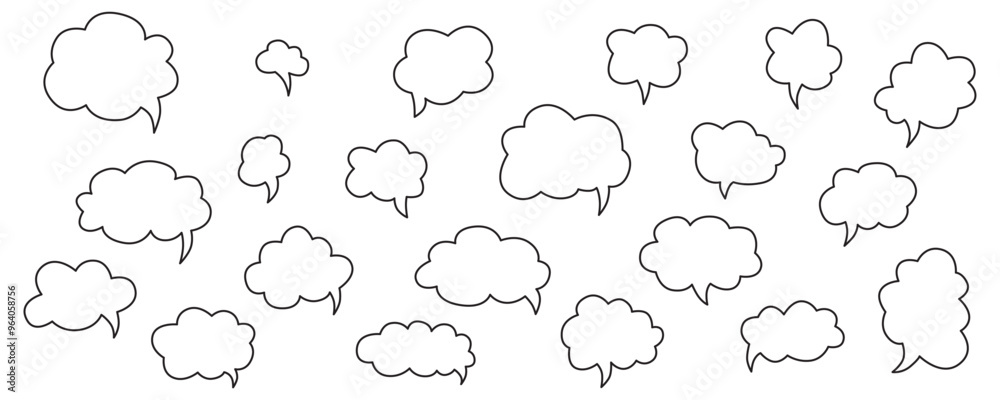 Hand drawn speech bubbles chat set. Vector stock illustration isolated on white background for design template web site, presentation, message, communication, comments and notes. Editable stroke line