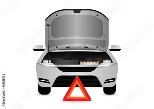 Car Breakdown with Open Hood. Broken Car. Vector Illustration. 