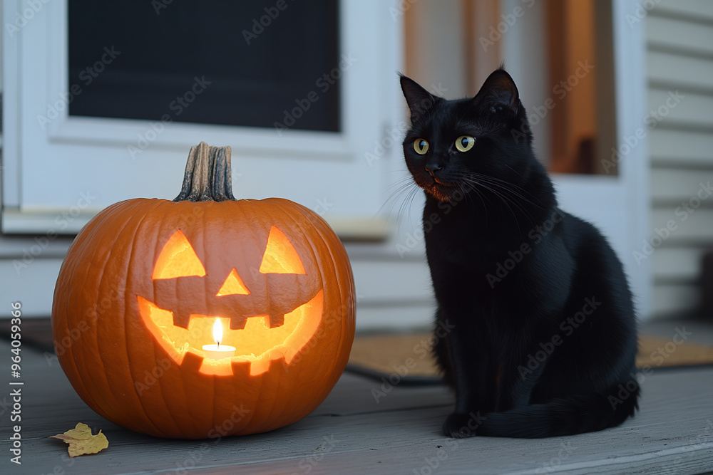 Black cat sitting next to a glowing carved pumpkin on Halloween night Black cat sitting next to a glowing carved pumpkin on Halloween night