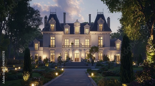 A grand white mansion with a long driveway and manicured gardens at dusk.