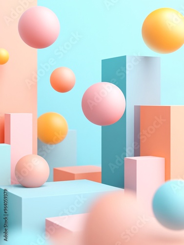 A colorful scene of many different colored balls and cubes